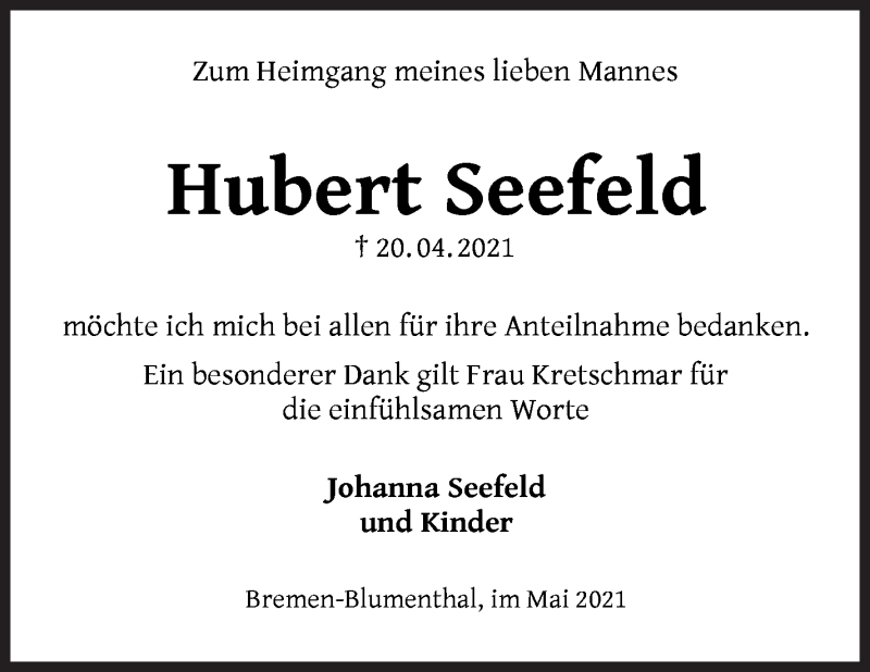 Traueranzeige von Hubert Seefeld von Die Norddeutsche