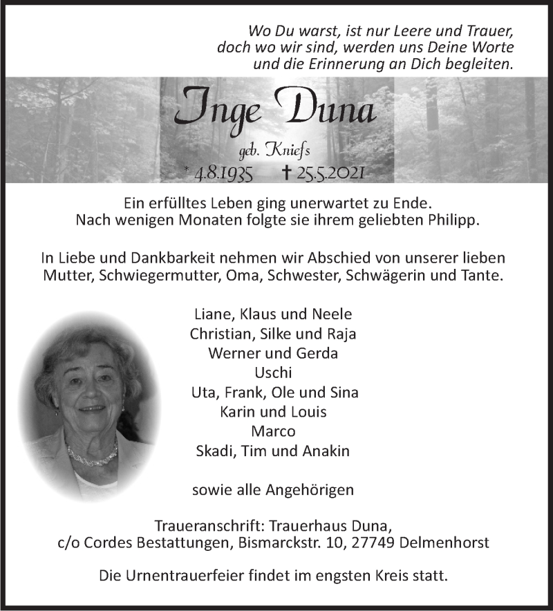 Traueranzeige von Inge Duna von WESER-KURIER