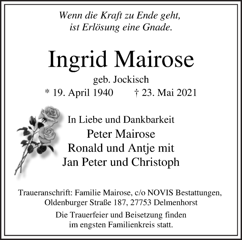 Traueranzeige von Ingrid Mairose von WESER-KURIER