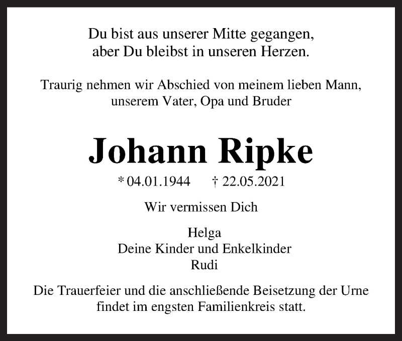 Traueranzeige von Johann Ripke von WESER-KURIER