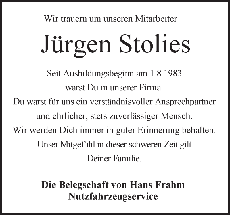 Traueranzeige von Jürgen Stolies von Osterholzer Kreisblatt