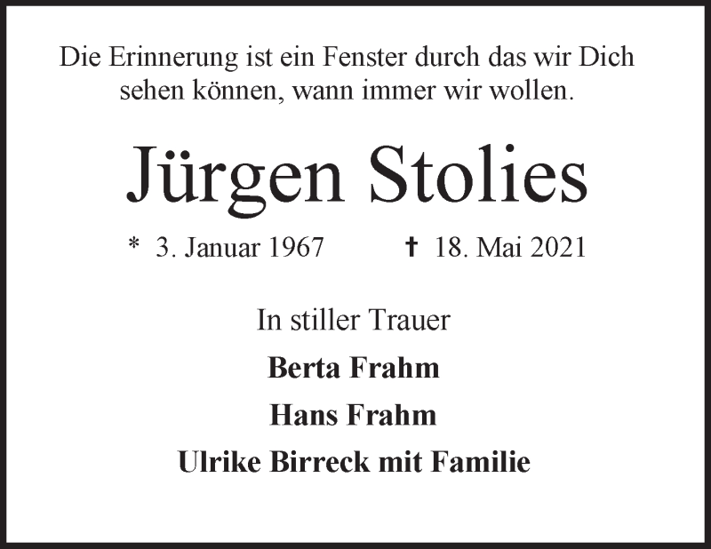 Traueranzeige von Jürgen Stolies von Osterholzer Kreisblatt