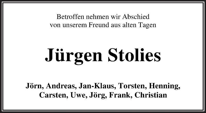 Traueranzeige von Jürgen Stolies von Osterholzer Kreisblatt