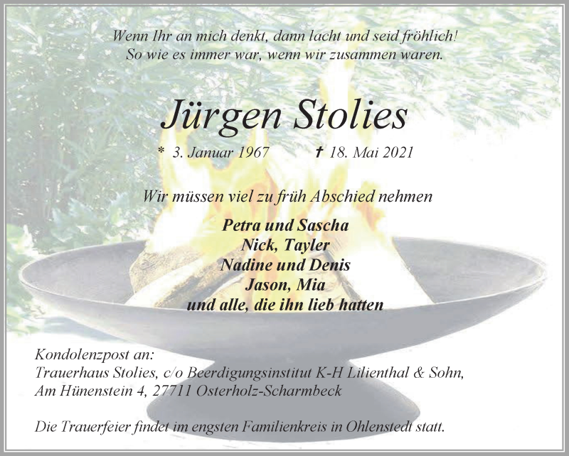 Traueranzeige von Jürgen Stolis von Osterholzer Kreisblatt