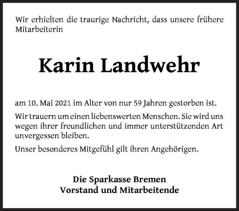 Traueranzeige von Karin Landwehr von WESER-KURIER