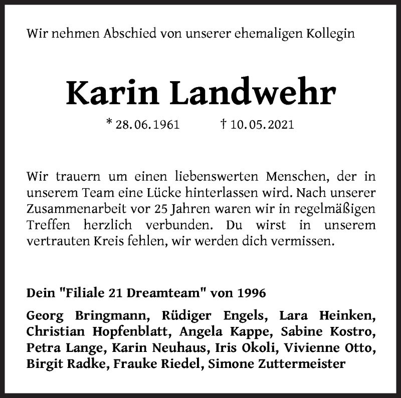 Traueranzeige von Karin Landwehr von WESER-KURIER