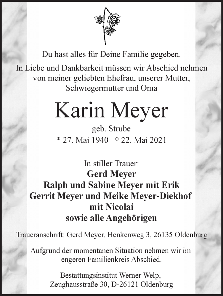 Traueranzeige von Karin Meyer von WESER-KURIER