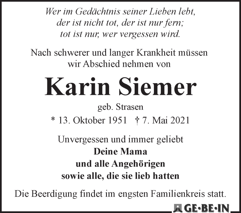 Traueranzeige von Karin Siemer von WESER-KURIER