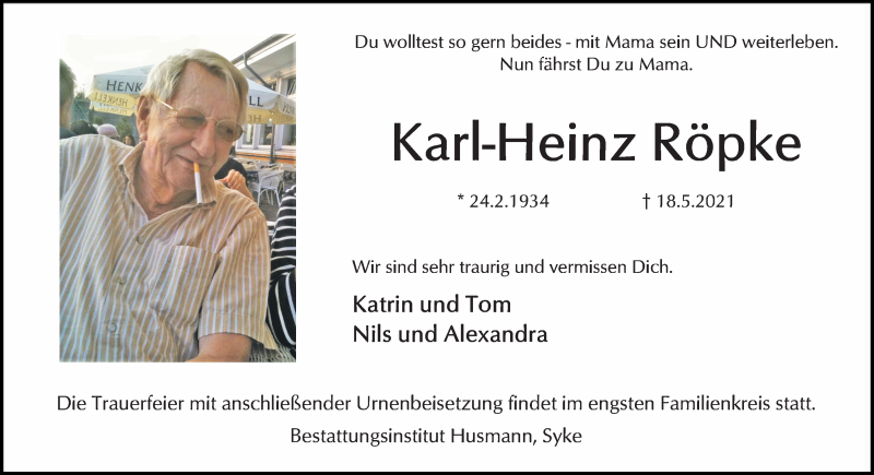 Traueranzeige von Karl-Heinz Röpke von Regionale Rundschau/Syker Kurier