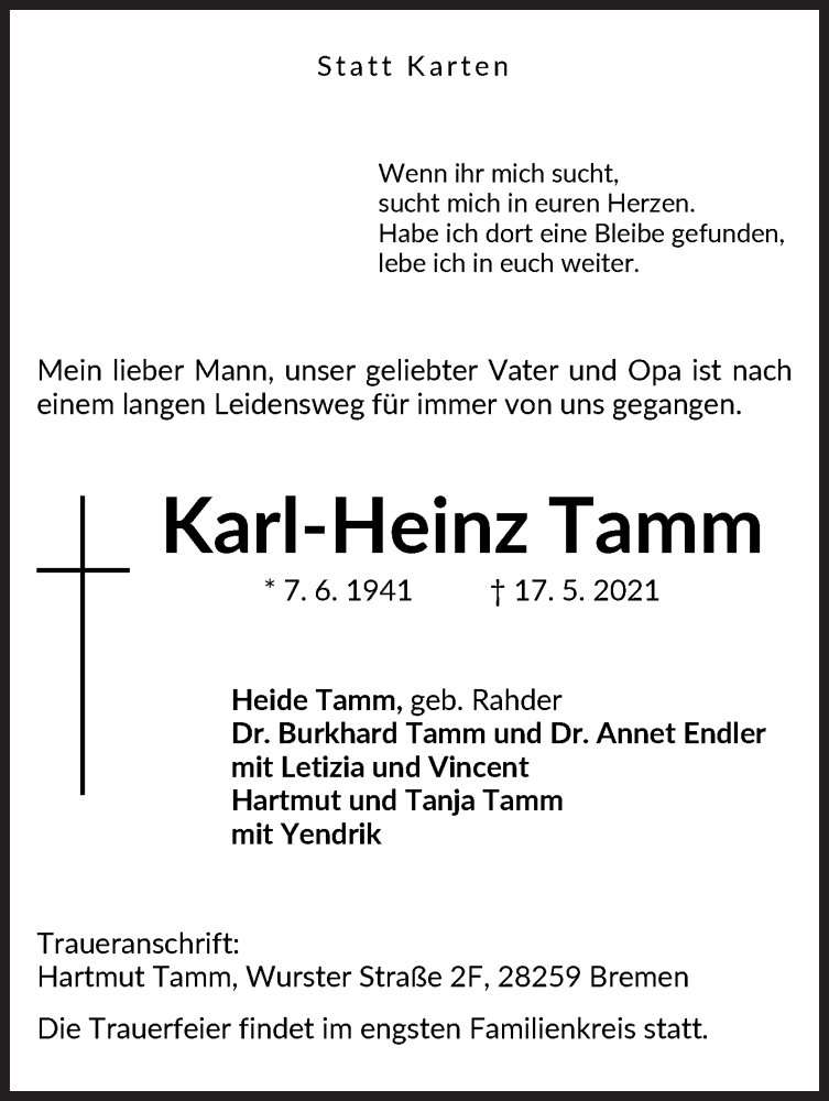 Traueranzeige von Karl-Heinz Tamm von Die Norddeutsche