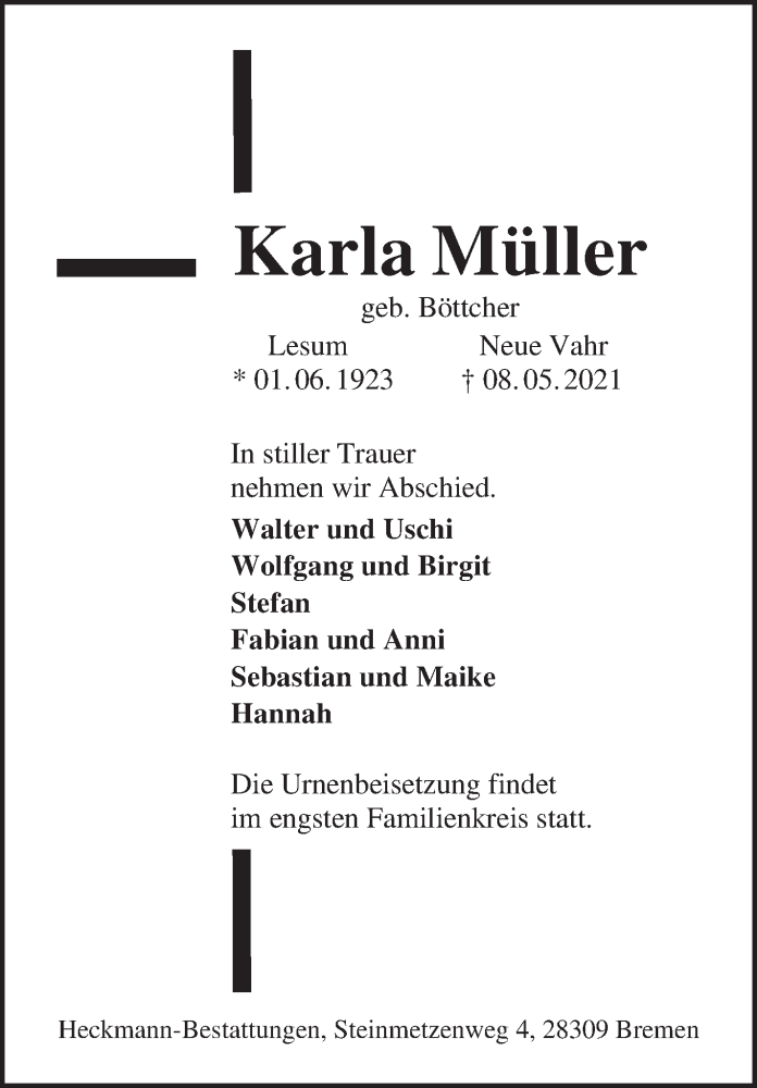 Traueranzeige von Karla Müller von WESER-KURIER