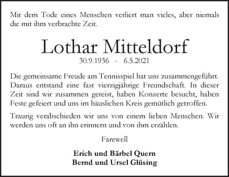 Traueranzeige von Lothar Mitteldorf von WESER-KURIER