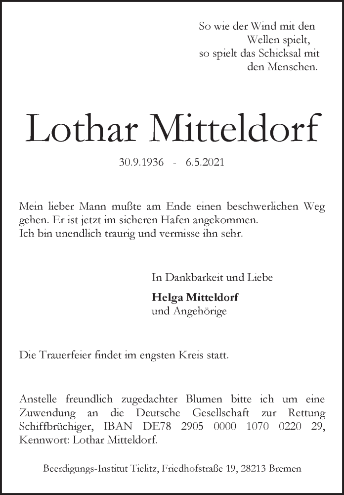 Traueranzeige von Lothar Mitteldorf von WESER-KURIER