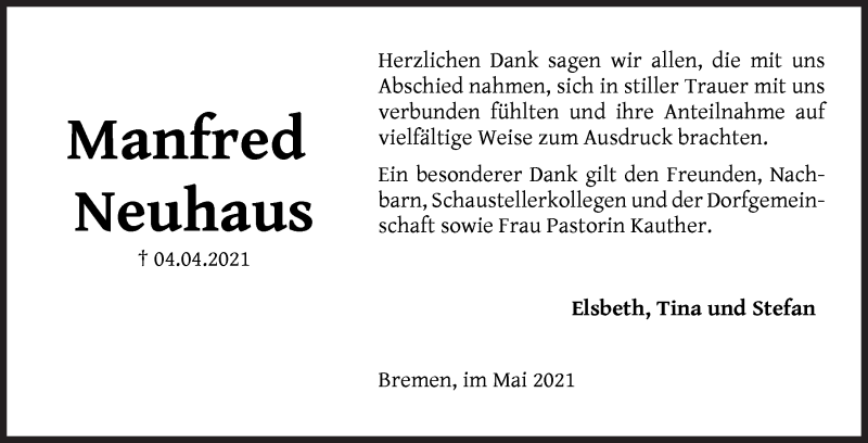 Traueranzeige von Manfred Neuhaus von WESER-KURIER