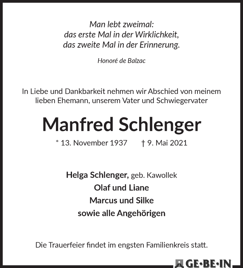 Traueranzeige von Manfred Schlenger von WESER-KURIER