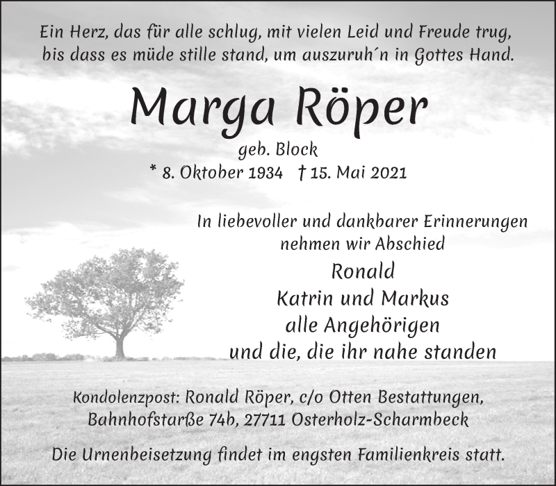 Traueranzeige von Marga Röper von Osterholzer Kreisblatt