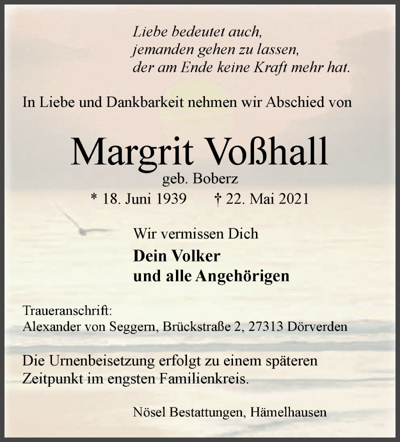 Traueranzeige von Margrit Voßhall von WESER-KURIER