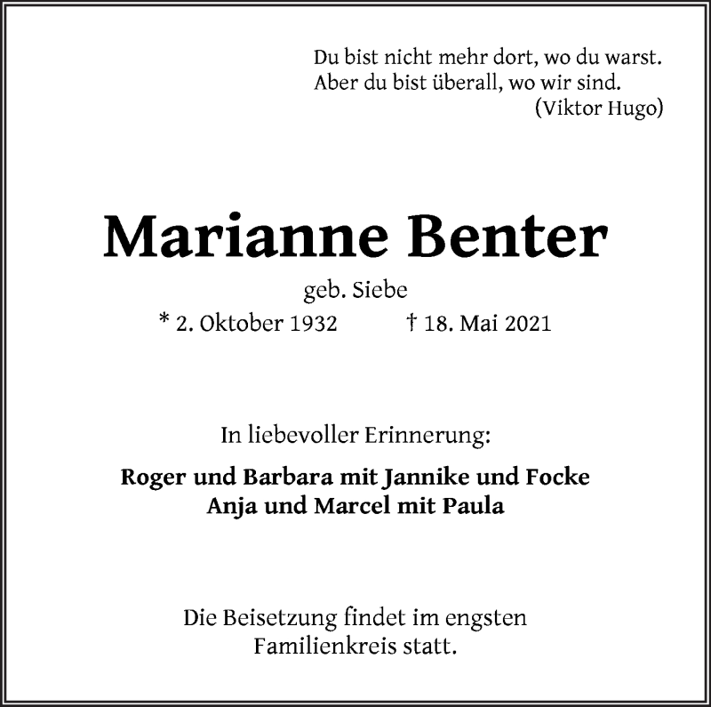 Traueranzeige von Marianne Benter von WESER-KURIER