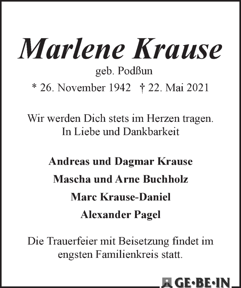 Traueranzeige von Marlene Krause von WESER-KURIER