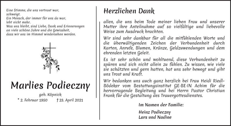 Traueranzeige von Marlies Podieczny von Achimer Kurier/Verdener Nachrichten