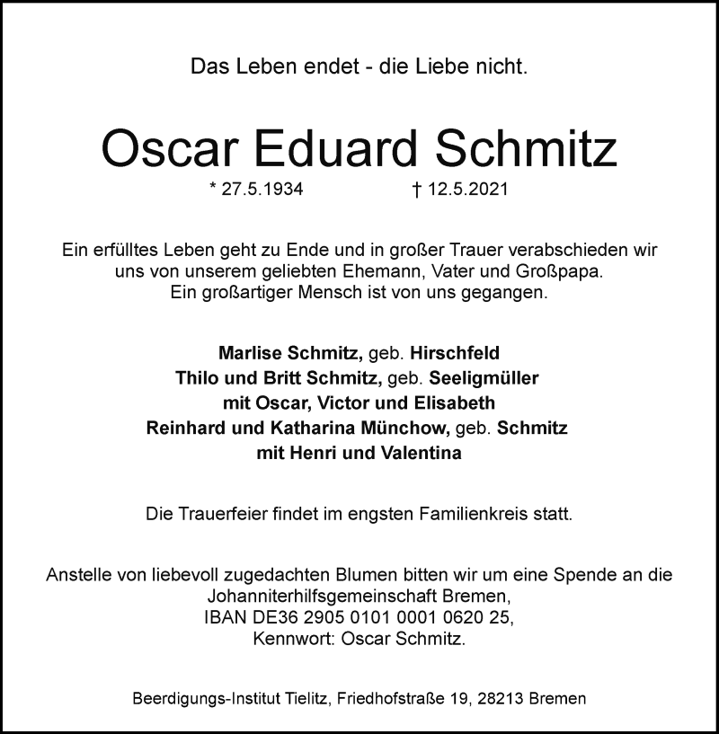 Traueranzeige von Oscar Eduard Schmitz von WESER-KURIER