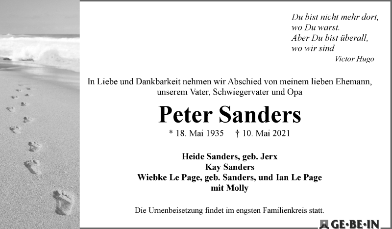 Traueranzeige von Peter Sanders von WESER-KURIER