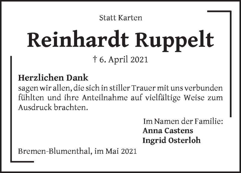 Traueranzeige von Reinhardt Ruppelt von Die Norddeutsche