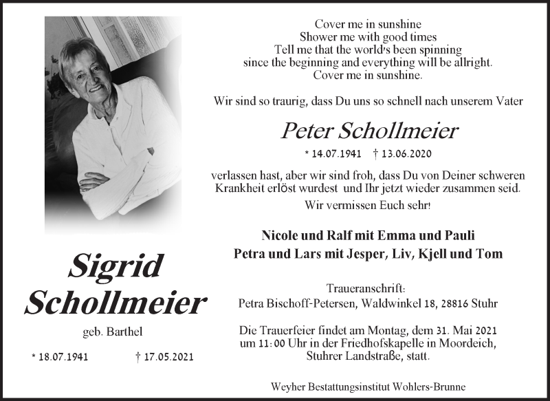 Traueranzeige von Sigrid Schollmeier von WESER-KURIER
