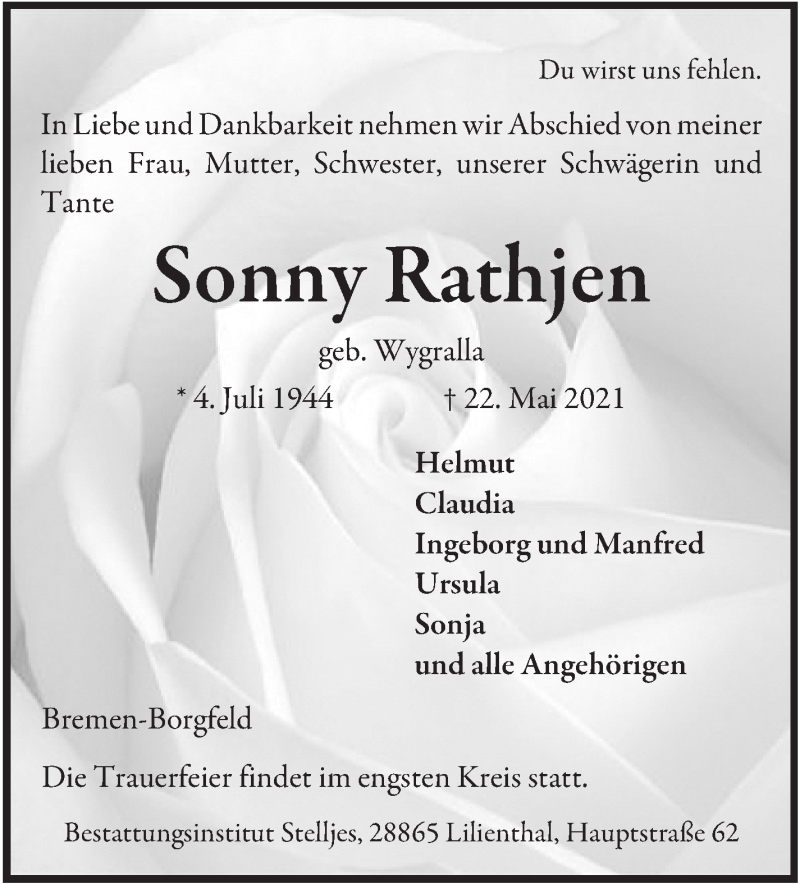 Traueranzeige von Sonny Rathjen von WESER-KURIER