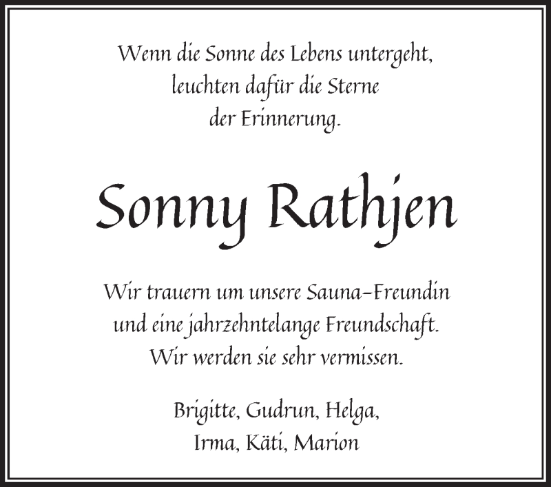 Traueranzeige von Sonny Rathjen von Wuemme Zeitung