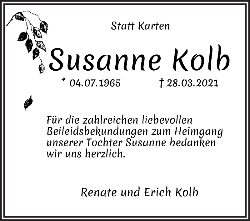 Traueranzeige von Susanne Kolb von Die Norddeutsche