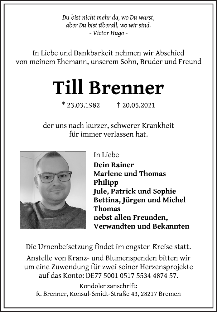 Traueranzeige von Till Brenner von WESER-KURIER