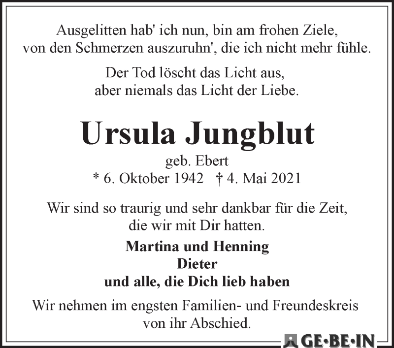 Traueranzeige von Ursula Jungblut von WESER-KURIER