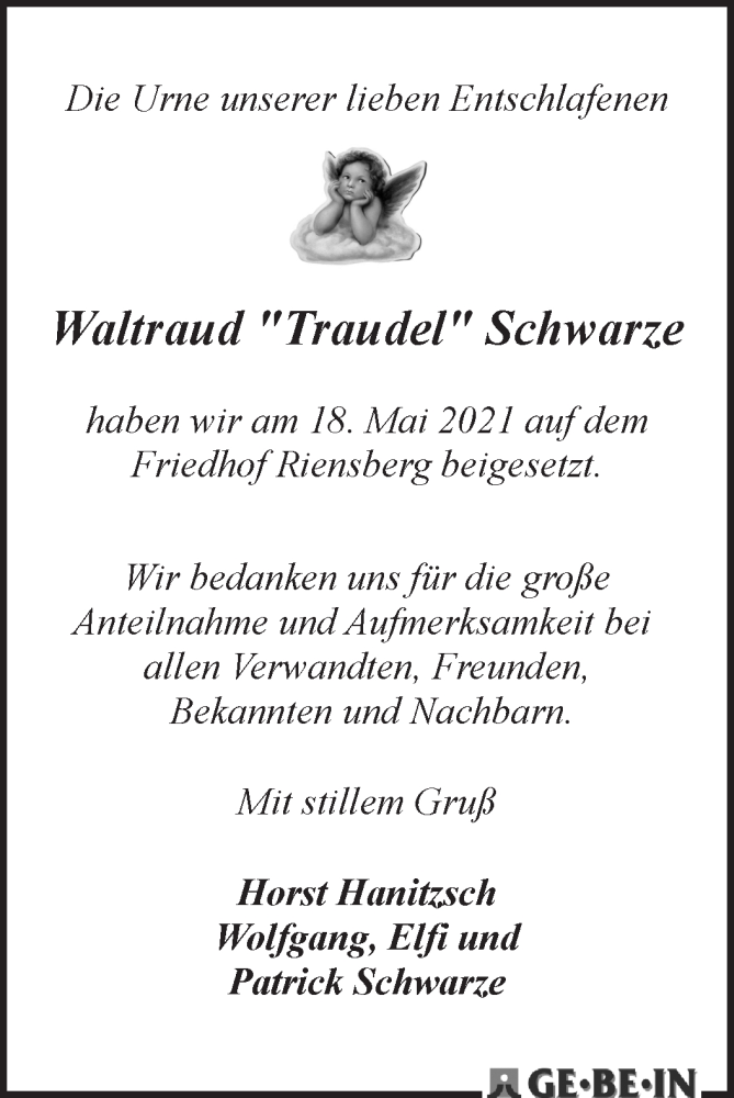 Traueranzeige von Waltraud Schwarze von WESER-KURIER