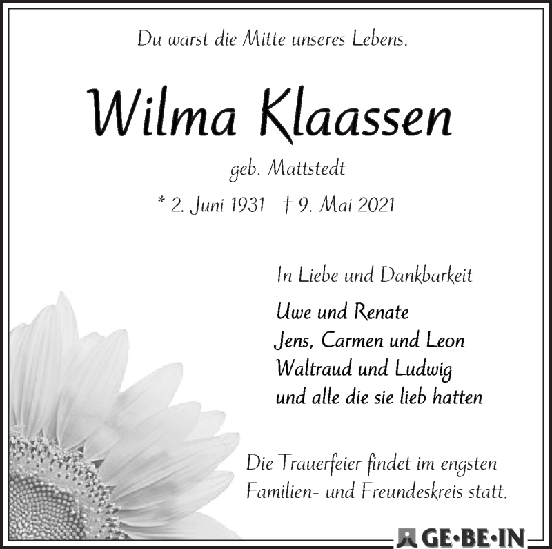 Traueranzeige von Wilma Klaassen von Die Norddeutsche