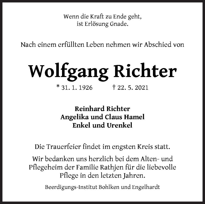 Traueranzeige von Wolfgang Richter von WESER-KURIER