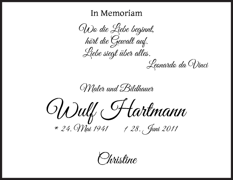 Traueranzeige von Wulf Hartmann von Wuemme Zeitung