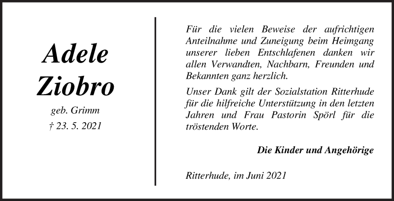 Traueranzeige von Adele Ziobro von Osterholzer Kreisblatt