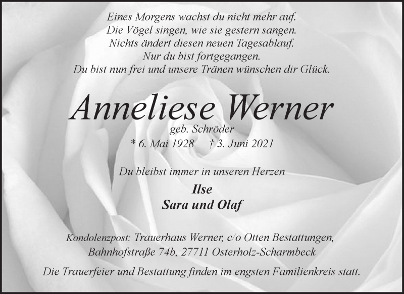Traueranzeige von Anneliese Werner von Osterholzer Kreisblatt