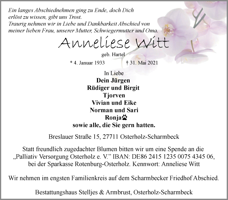 Traueranzeige von Anneliese Witt von Osterholzer Kreisblatt