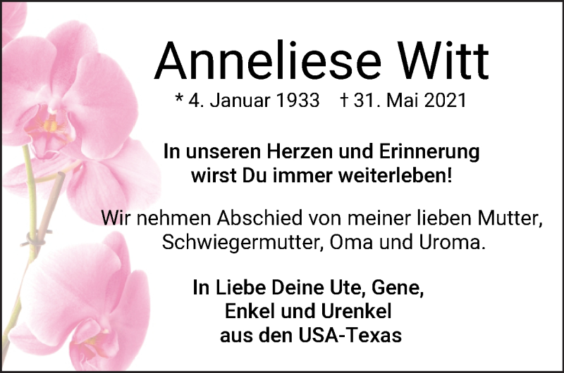 Traueranzeige von Anneliese Witt von Osterholzer Kreisblatt