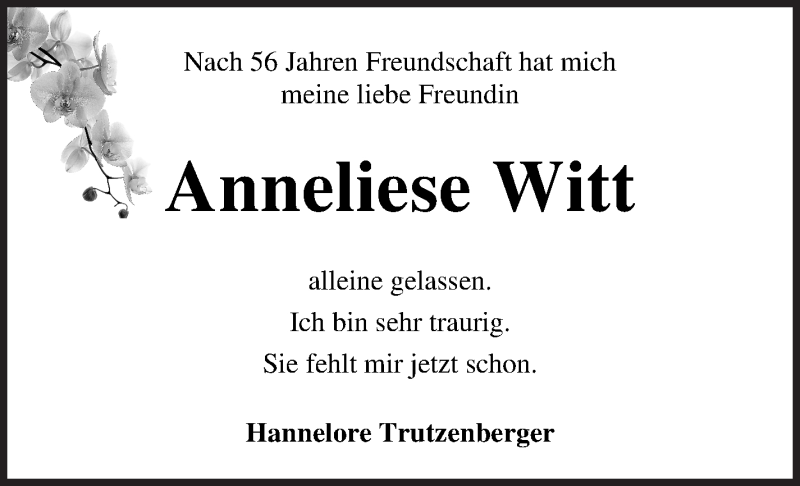 Traueranzeige von Anneliese Witt von Osterholzer Kreisblatt