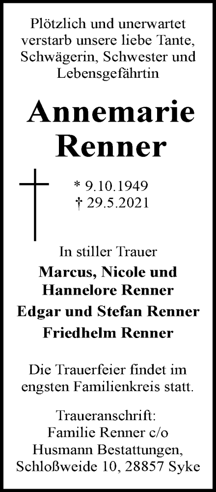 Traueranzeige von Annemarie Renner von WESER-KURIER