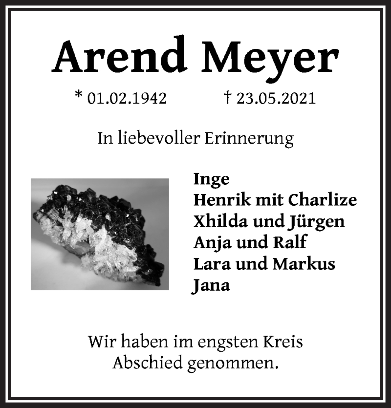 Traueranzeige von Arend Meyer von WESER-KURIER