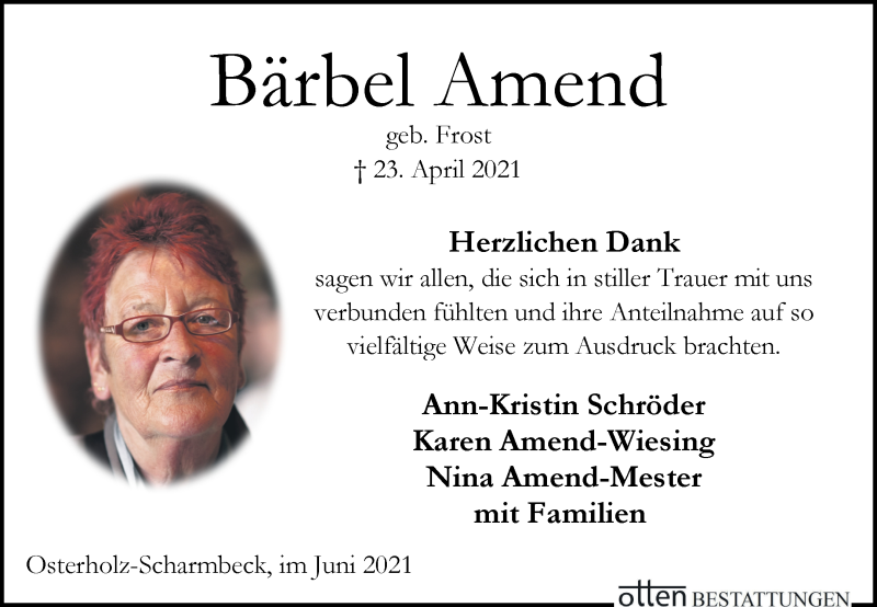 Traueranzeige von Bärbel Amend von Osterholzer Kreisblatt