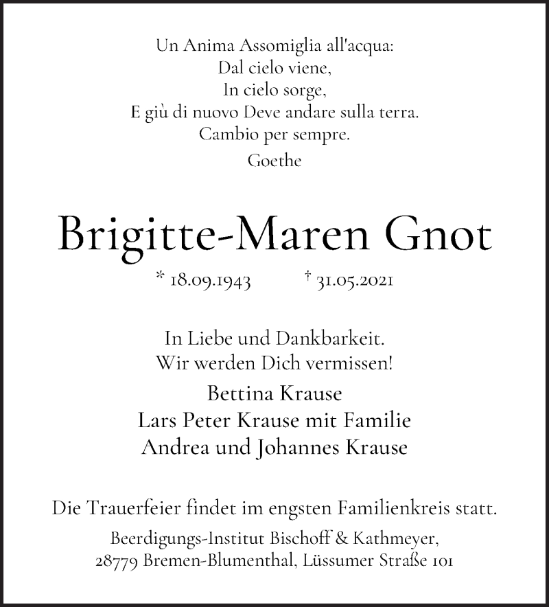 Traueranzeige von Brigitte-Maren Gnot von Die Norddeutsche