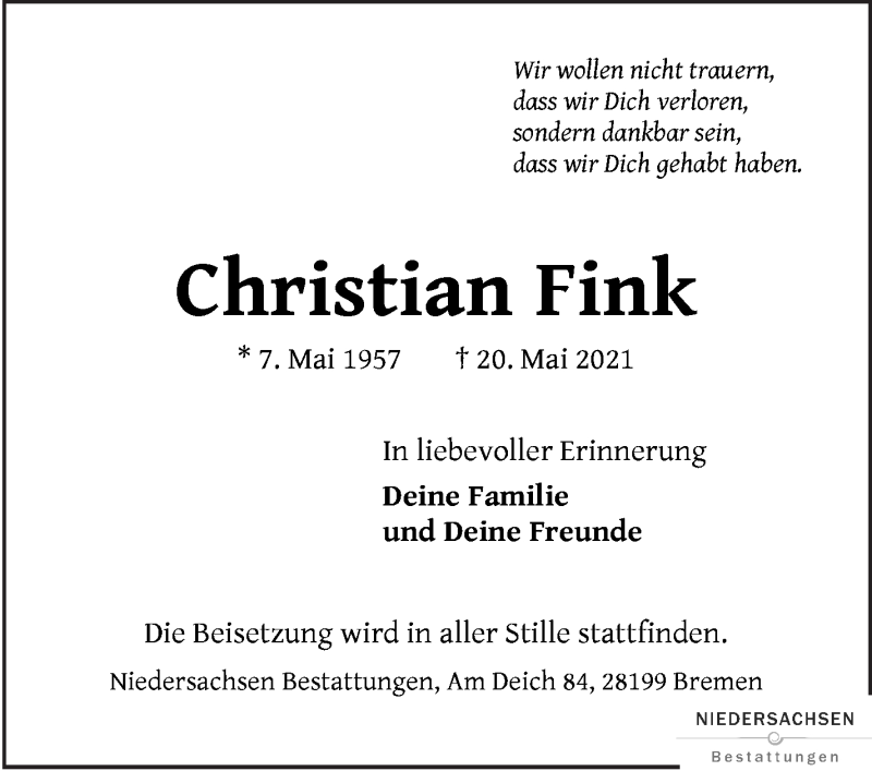 Traueranzeige von Christian Fink von WESER-KURIER