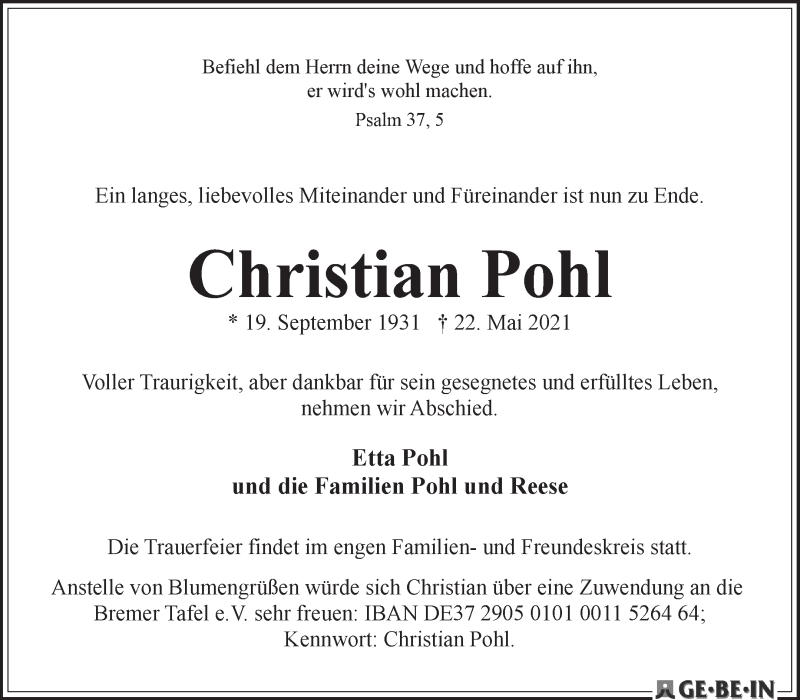 Traueranzeige von Christian Pohl von WESER-KURIER
