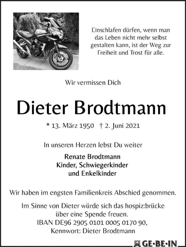 Traueranzeige von Dieter Brodtmann von WESER-KURIER