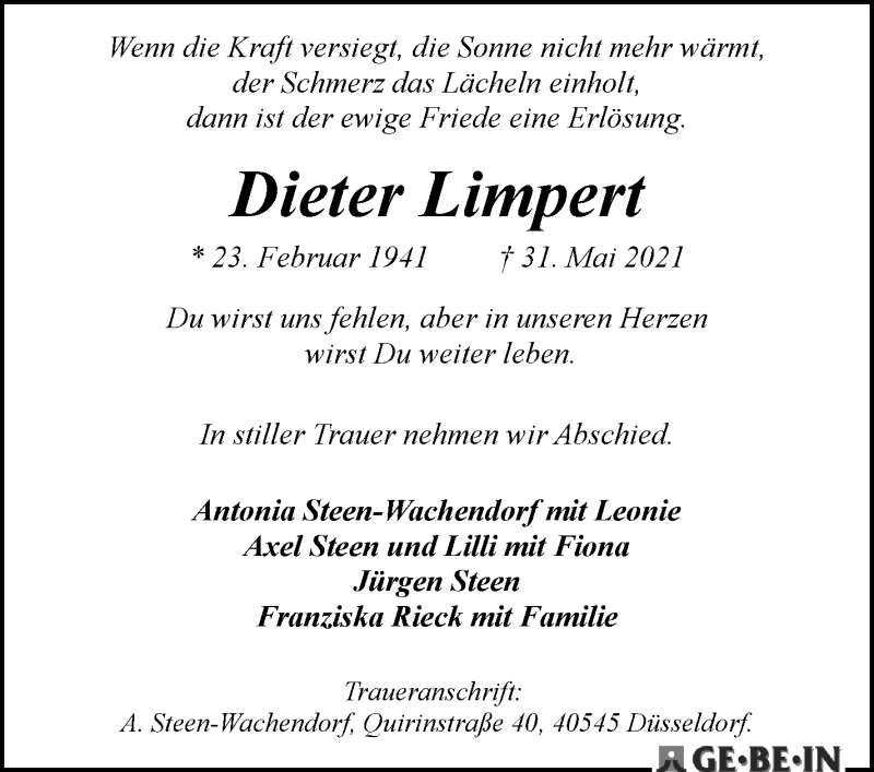 Traueranzeige von Dieter Limpert von WESER-KURIER
